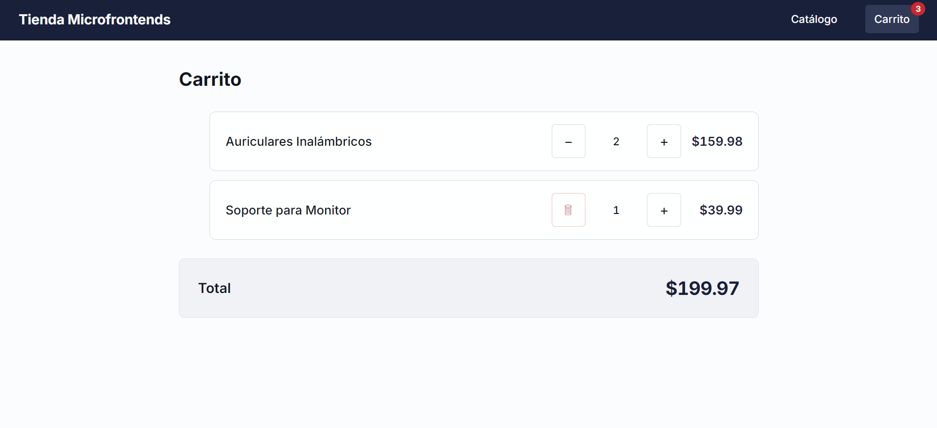 Vista del carrito de compras con productos agregados desde otros microfrontends