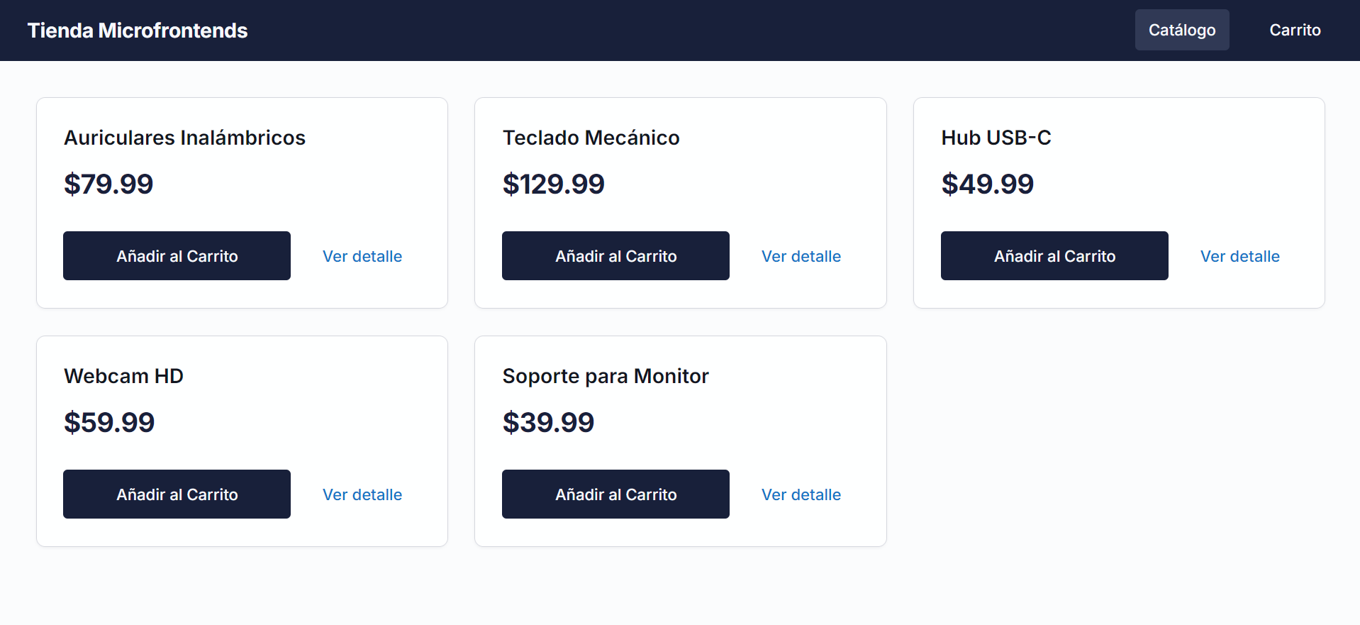 Tienda Microfrontends mostrando el catálogo de productos